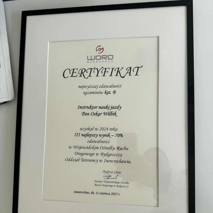 Prawo Jazdy Inowroclaw Oskar Wilbik Certyfikat Zdawalnosci 2